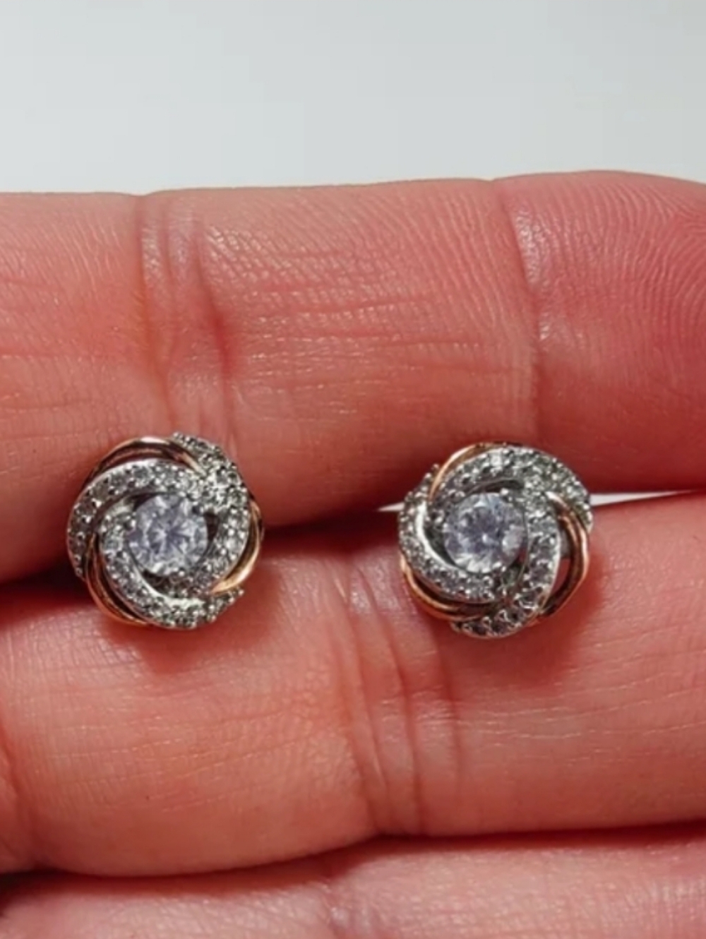 PAJ Love Knot Stud Earrings Rose Gold Plated Clear Crystal Pave Two Tone Signed